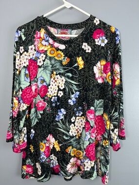 Johnny Was Black Long Sleeve Floral Tee with Pink, Yellow & Green Accents